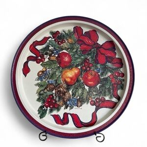 Vintage metal tray, Della Robbia style, fruit and ribbon, no scratches on front